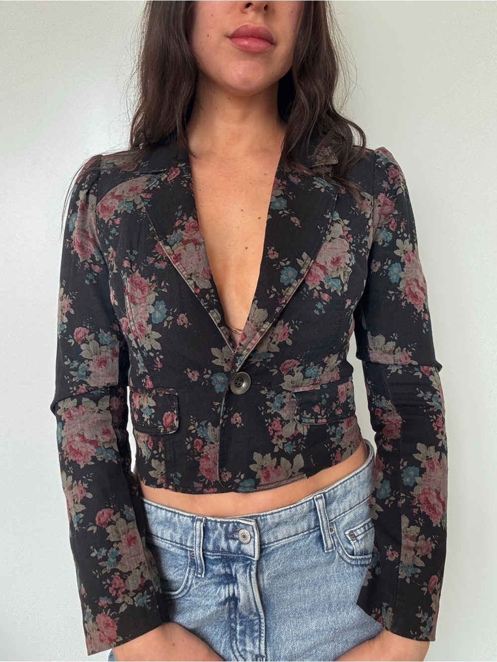 Free People Women’s Floral Cropped Blazer Jacket Black Pink Button Front size 6